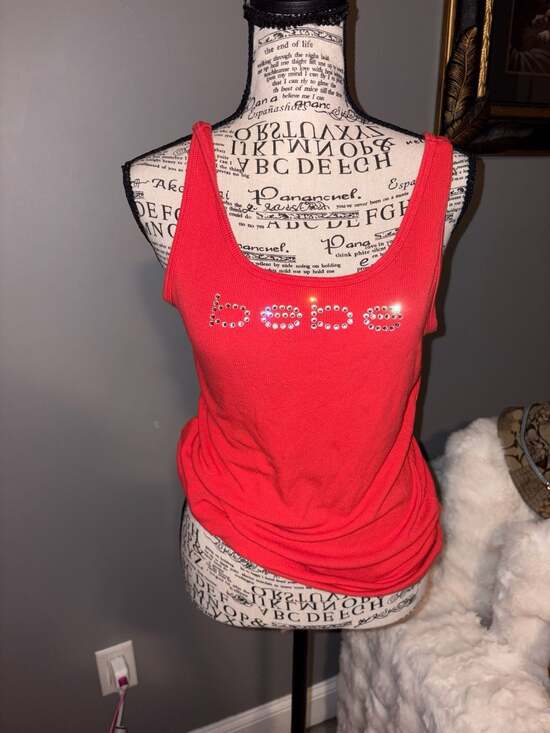 bebe Tops - T2K Bebe Red Ribbed Rhinestone Logo Tank Top Size Large
